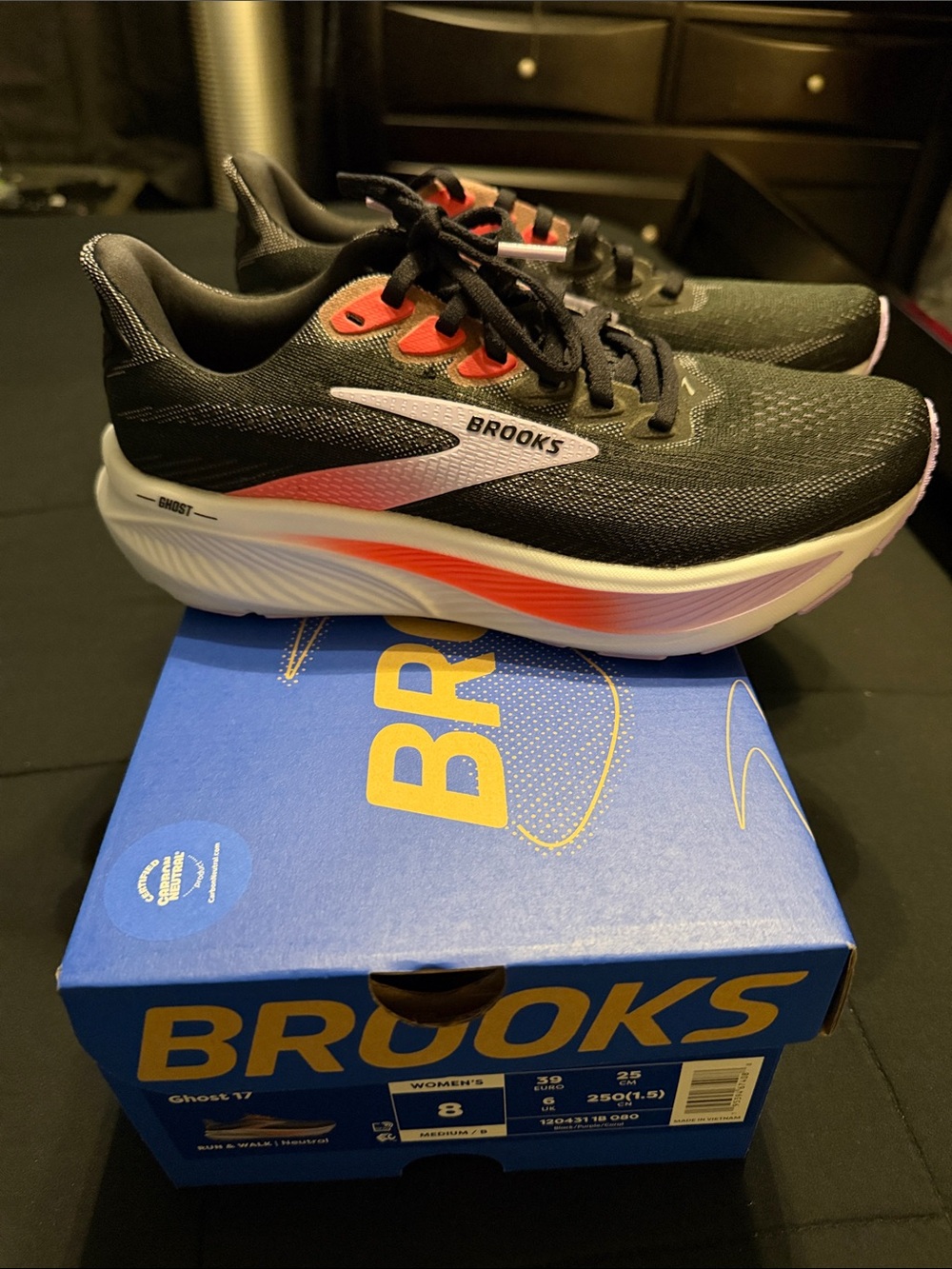 Brand New Brooks Women’s Black Running Sneakers with Pink and Orange Accents